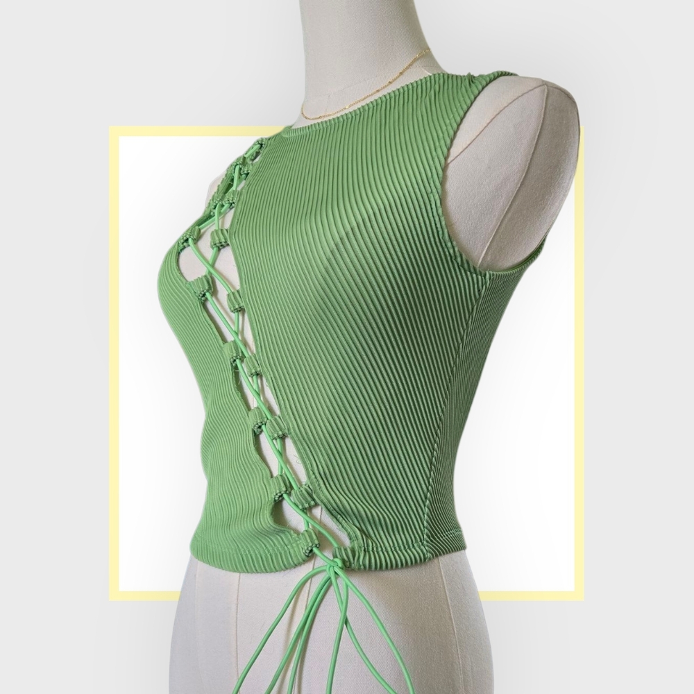 Green Lace-Up Ribbed Top
